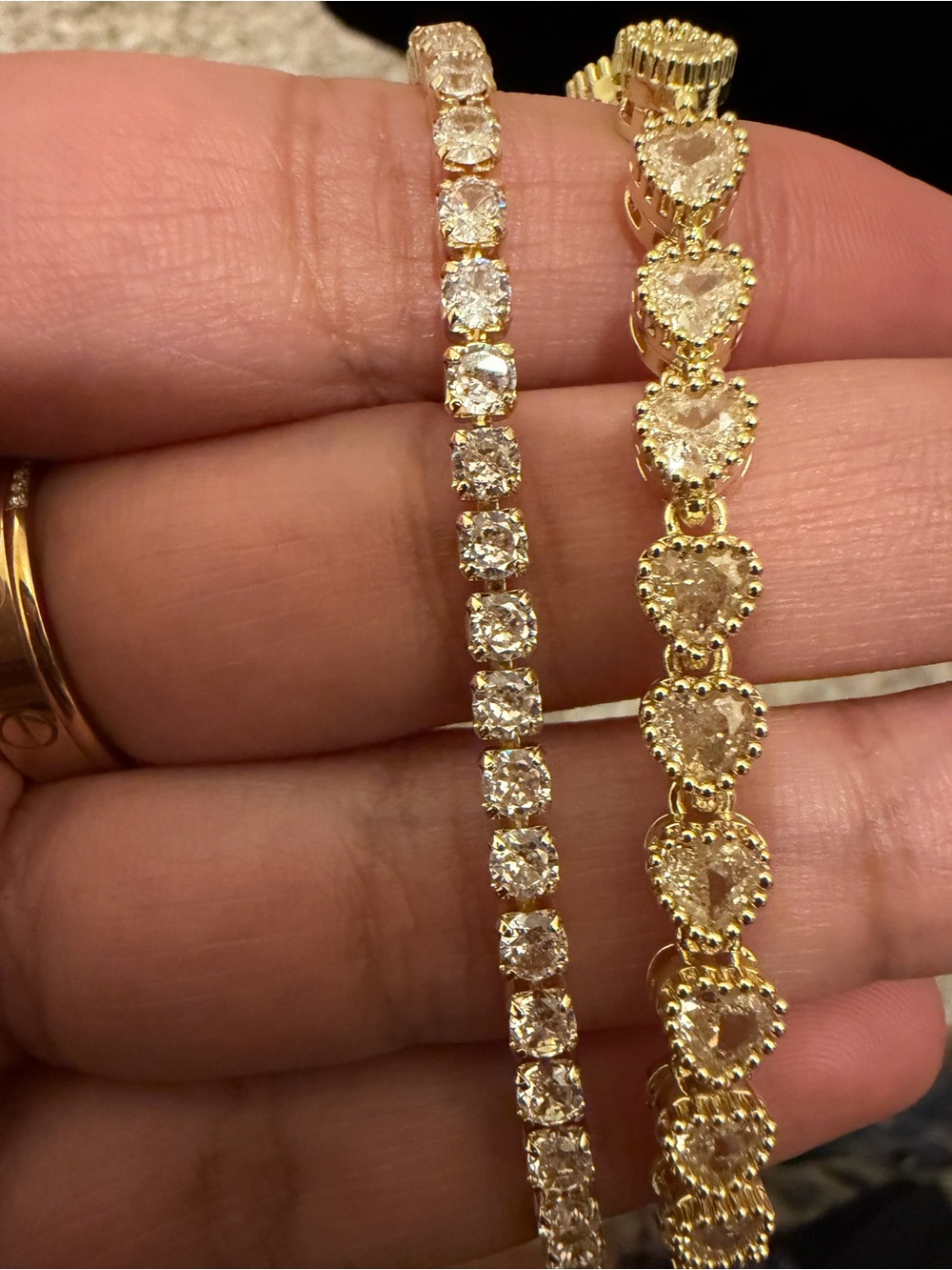 Gold Plated Heart & Crystal Tennis Bracelet Stack Set 7”